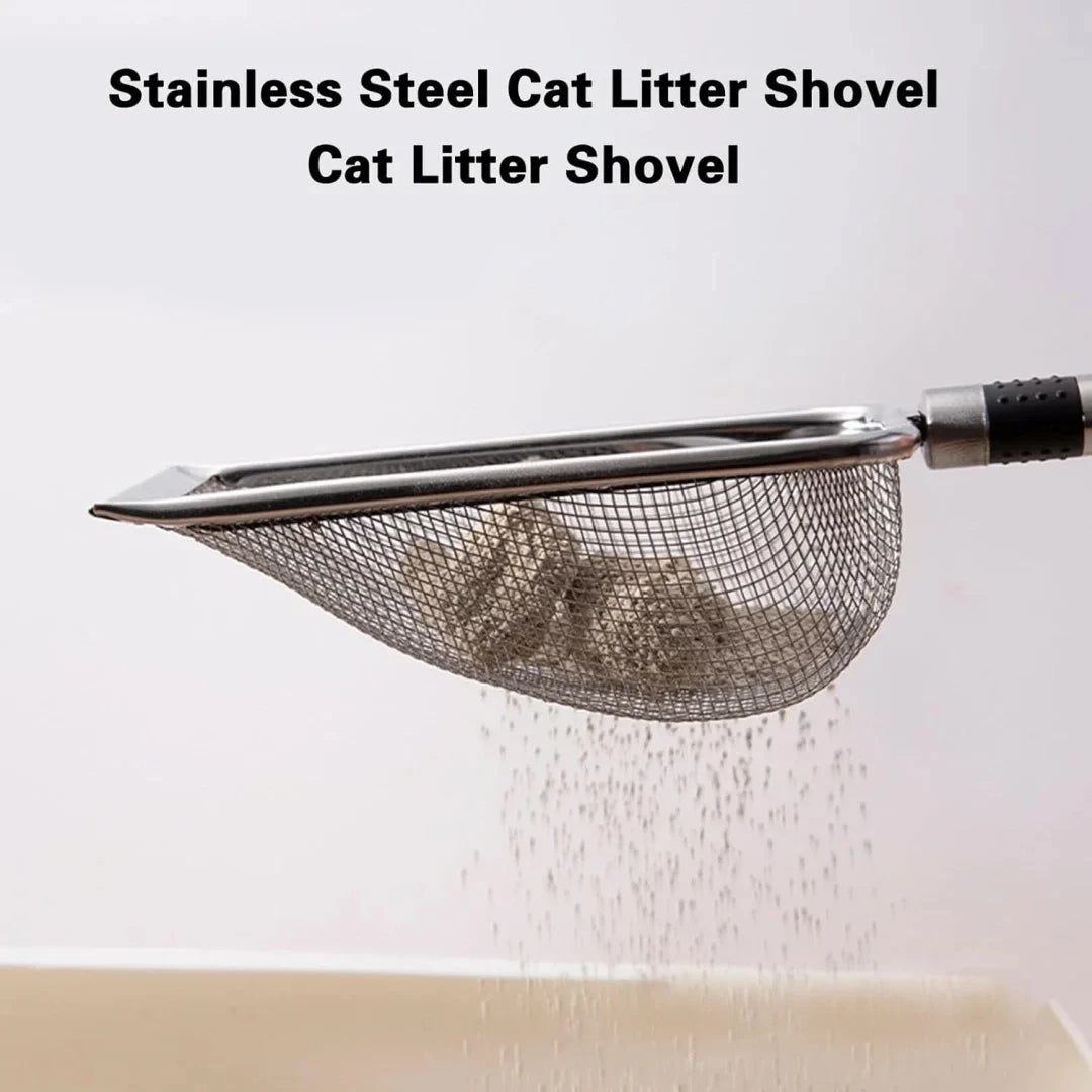 A stainless steel cat litter shovel is shown scooping litter into a container.
