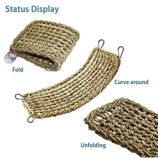 A woven, golden-brown reptile hammock lounger shown in various states including folded, curved around, and unfolding.
