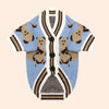 A light blue and brown striped cardigan sweater with bear designs for small dogs and cats