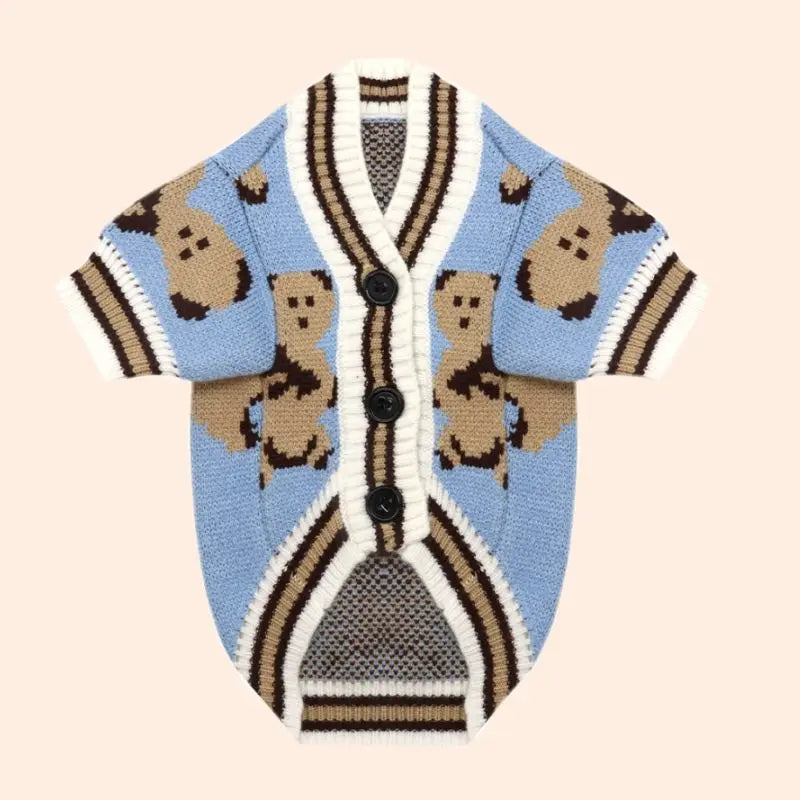 A light blue and brown striped cardigan sweater with bear designs for small dogs and cats