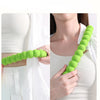 A hand holding a bright lime green adjustable hands-free dog leash, showing its texture and size.