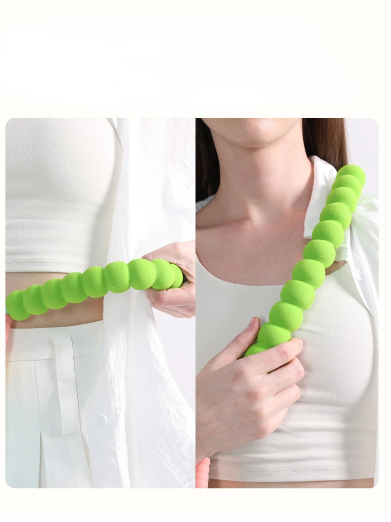 A hand holding a bright lime green adjustable hands-free dog leash, showing its texture and size.
