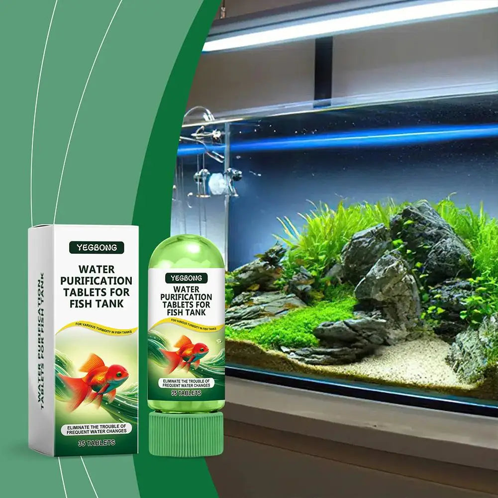 Yegbong water purification tablets for fish tank shown next to a glass aquarium with aquatic plants and rocks