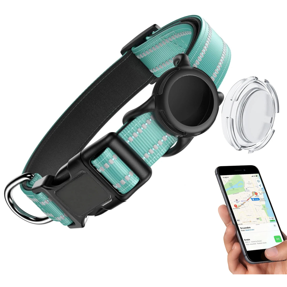 A teal and black waterproof dog collar with reflective strips and a safety buckle shown next to a smartphone displaying a map