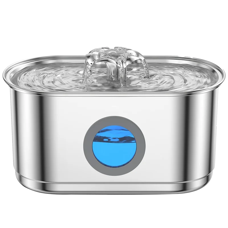 Stainless steel automatic cat water fountain with a visible water flow and blue water inside