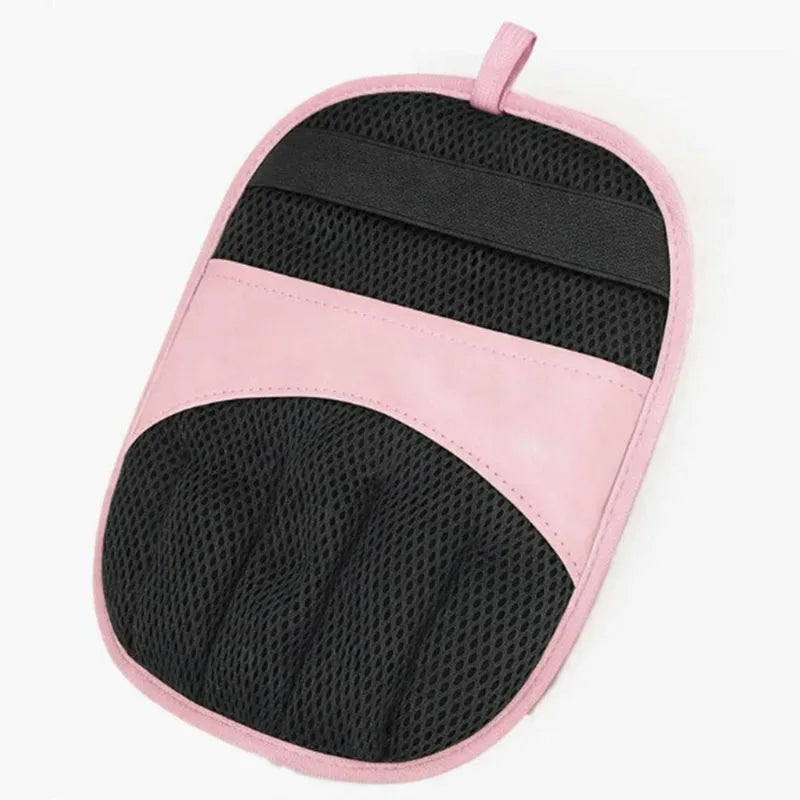Reusable pet hair removal gloves featuring pink and black silicone pads.