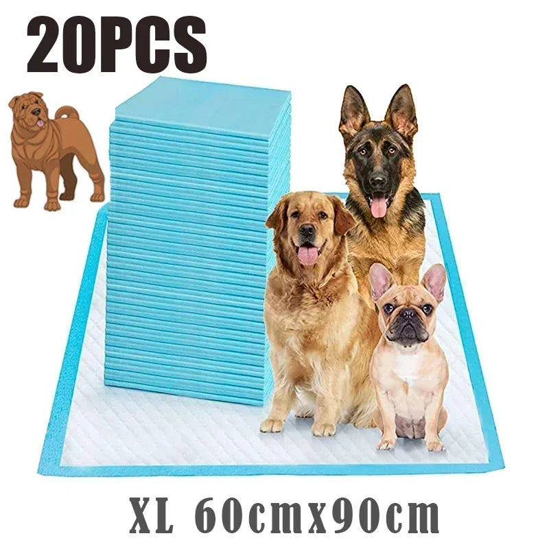 A set of 20 pet training pads in light blue stacked on a white mat with several dogs.