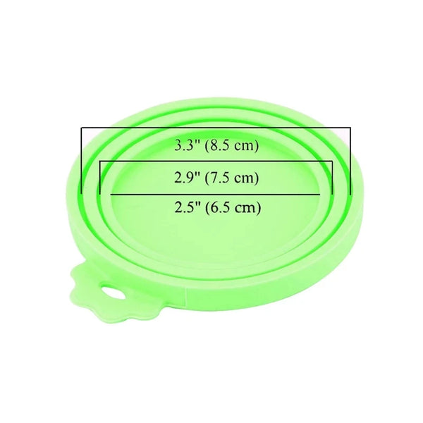 A bright green reusable silicone pet can lid with marked dimensions.