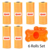 A set of six orange reusable pet poop bag dispensers with attached leash clips.
