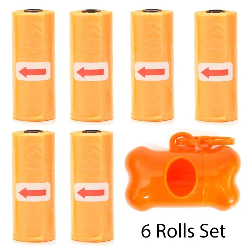 A set of six orange reusable pet poop bag dispensers with attached leash clips.