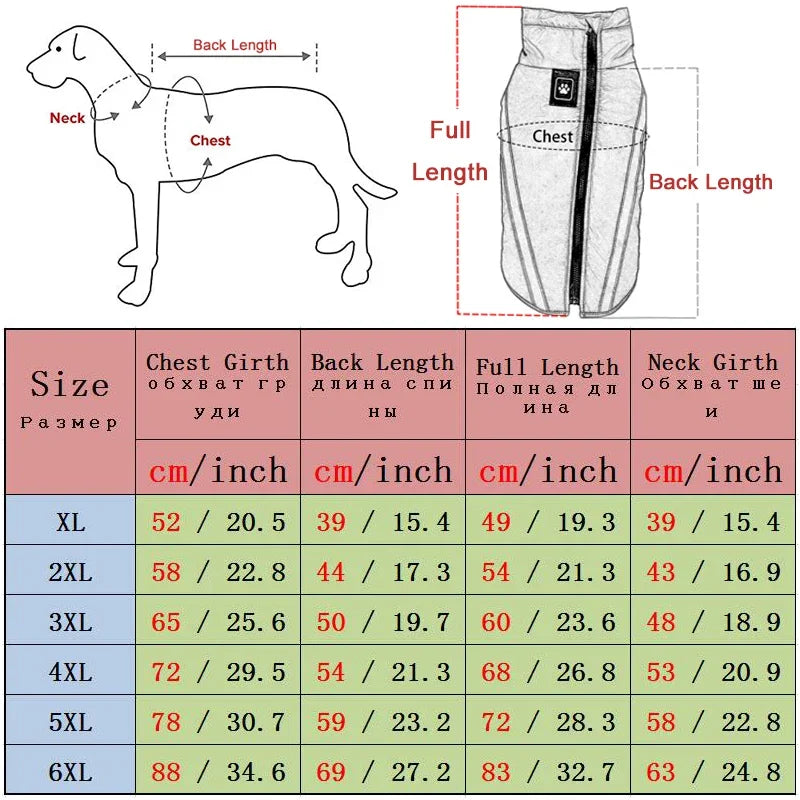 Waterproof Large Dog Coat with Padded Fleece Reflective Jacket