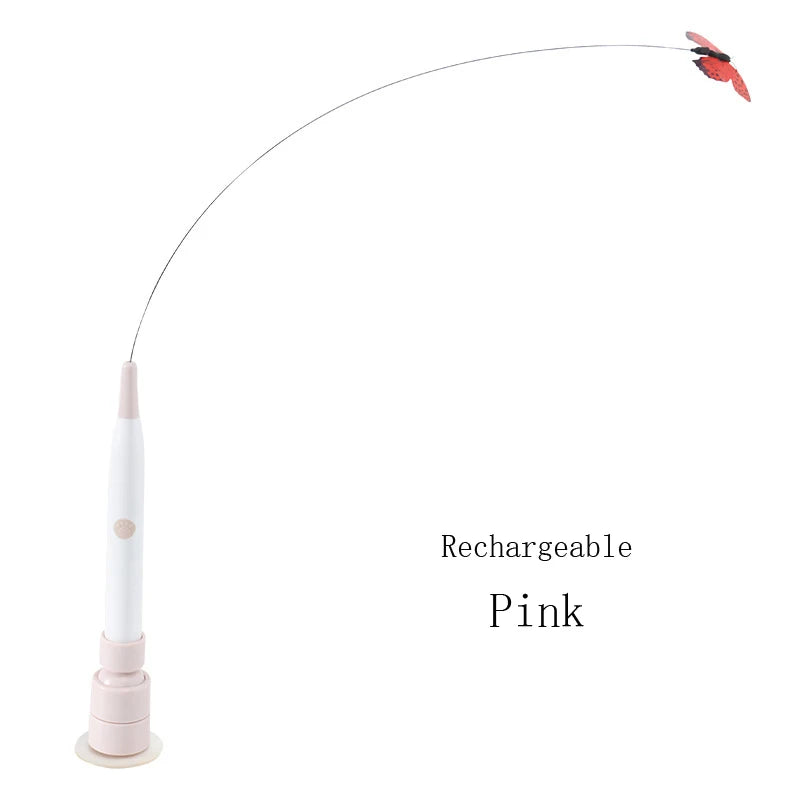 Pink rechargeable electric rotating butterfly cat toy with a suction cup base