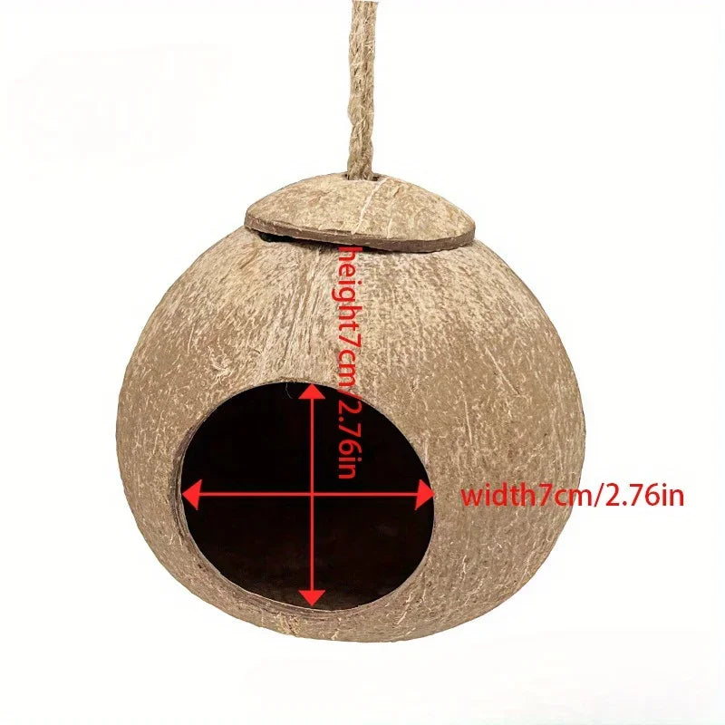 Natural coconut shell bird nest hanging by twine with measurement markings