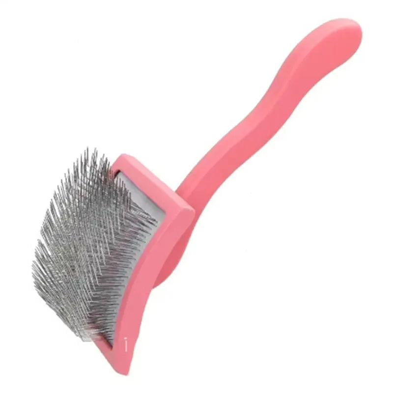 A pink ergonomic pet grooming rake with stainless steel teeth.