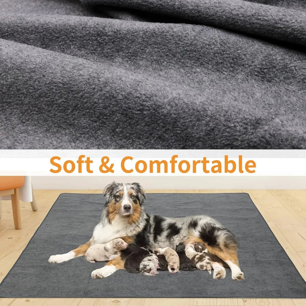 A fluffy dog is lying on a gray reusable mat indoors.