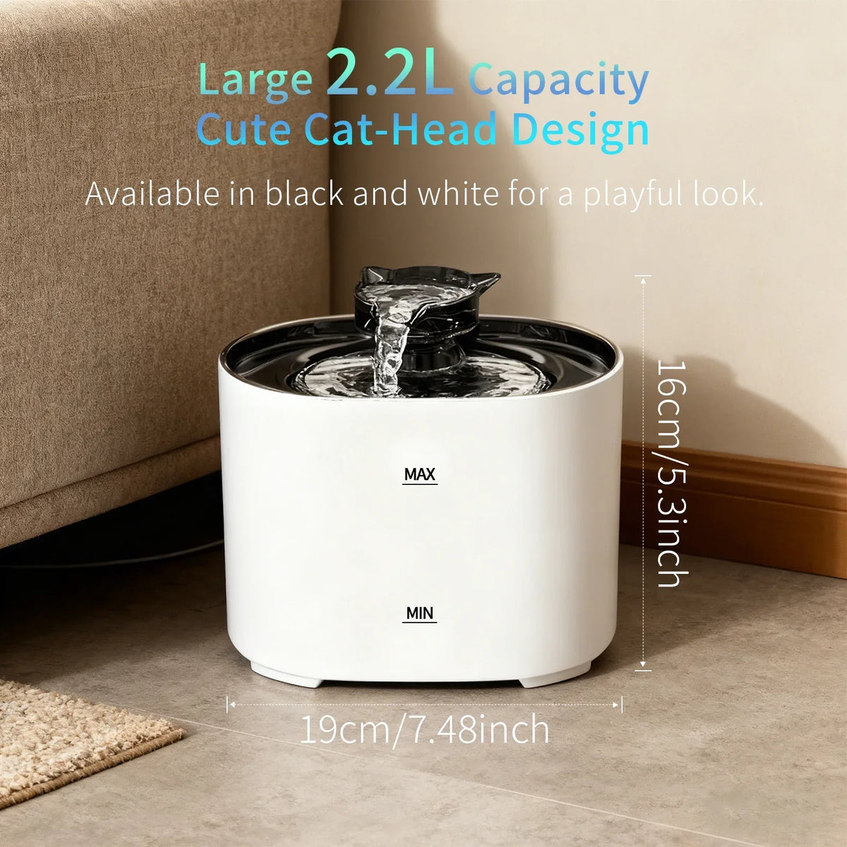 A white cat-head design water fountain with a black pouring spout is shown on a floor.