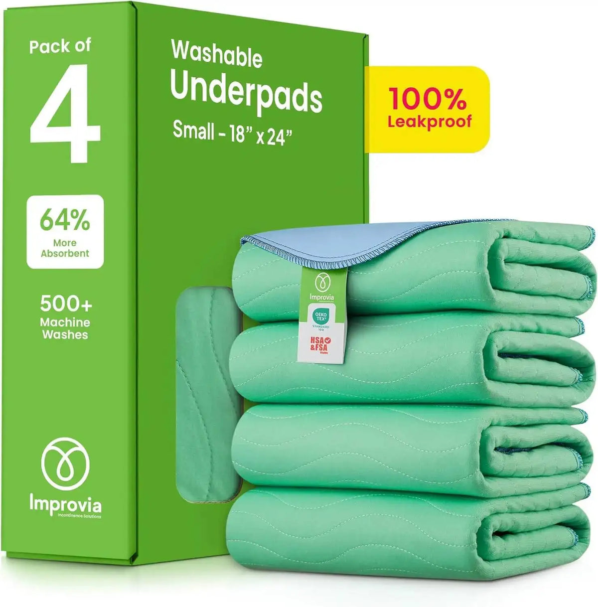 A box of four washable underpads in light green fabric with a blue trim and a green label.