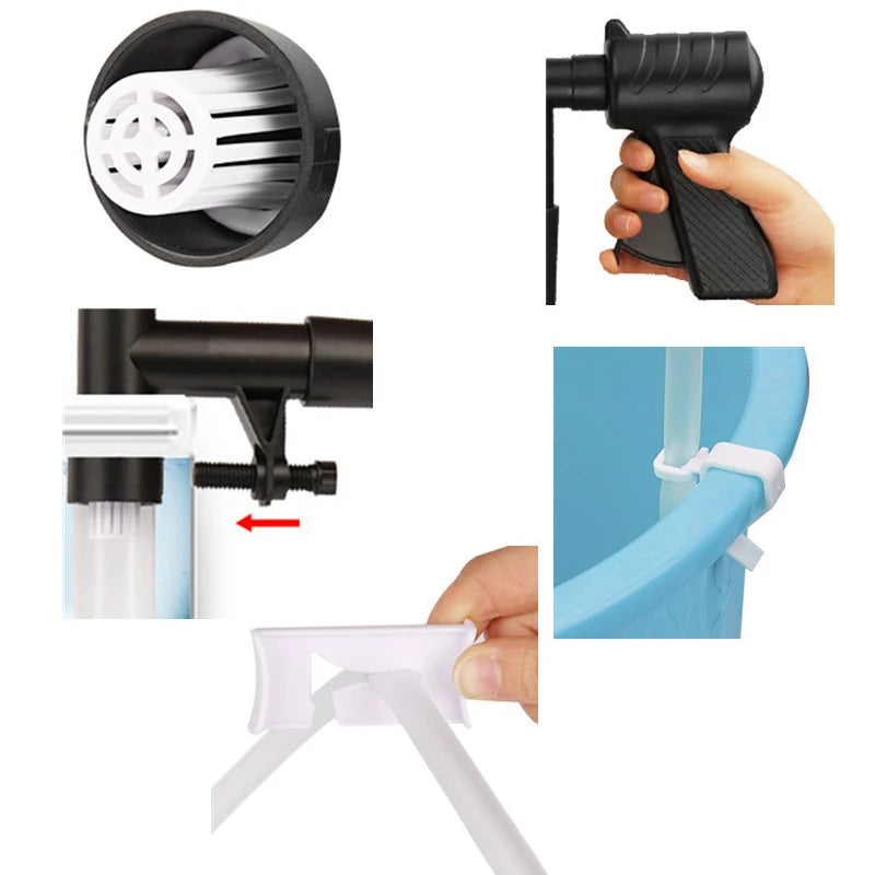 A set of manual aquarium water change pump and gravel cleaner tools shown in various configurations.