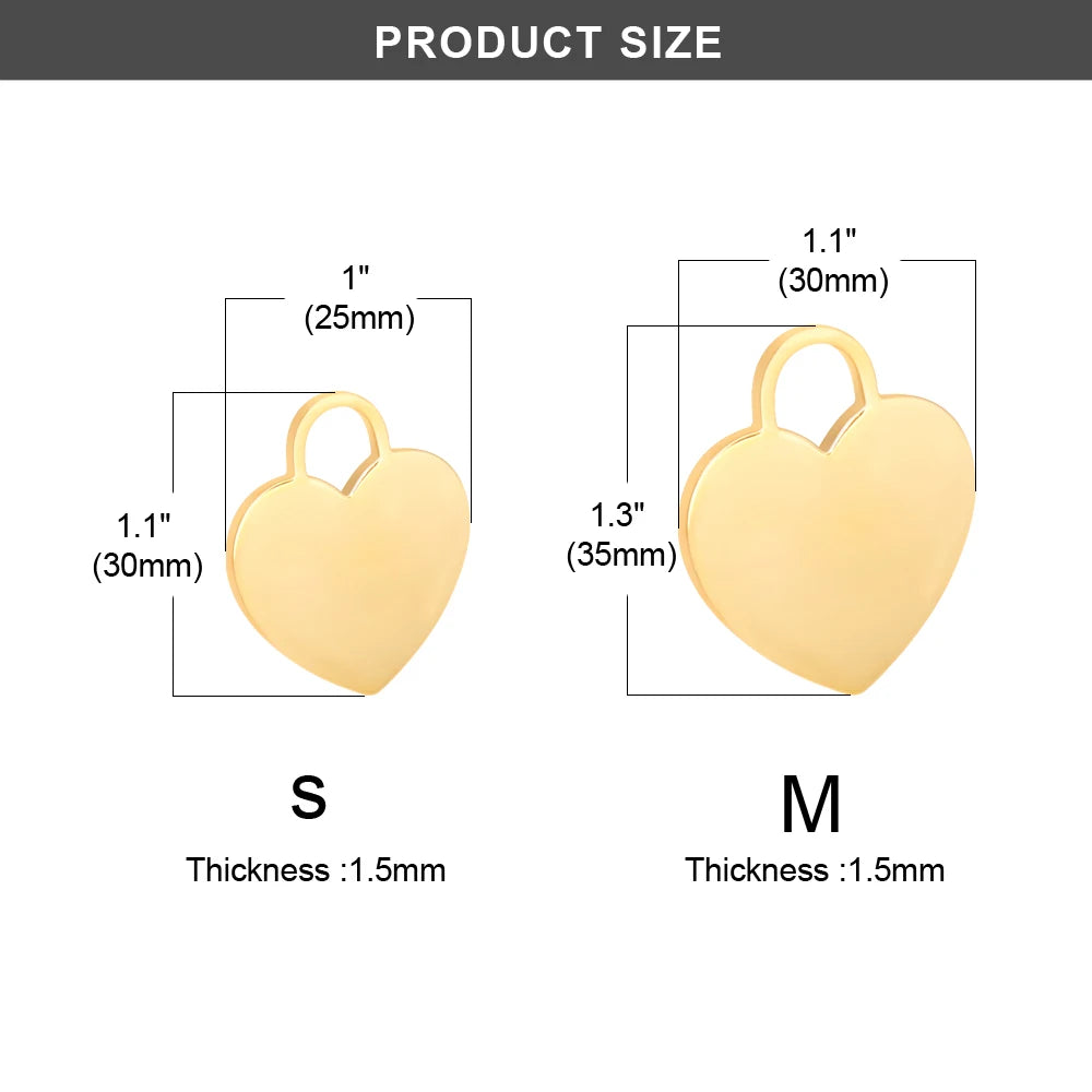 Gold heart-shaped pet ID tags in small and medium sizes with specified thicknesses