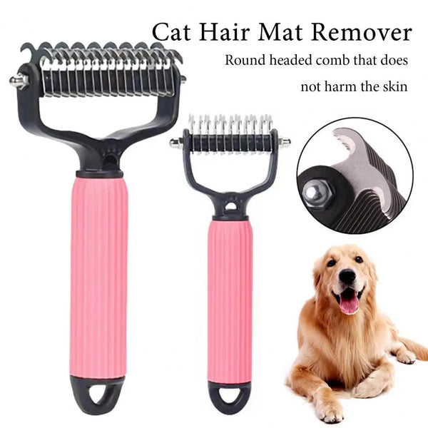 A pink cat hair mat remover comb with a round head is shown next to a golden retriever.
