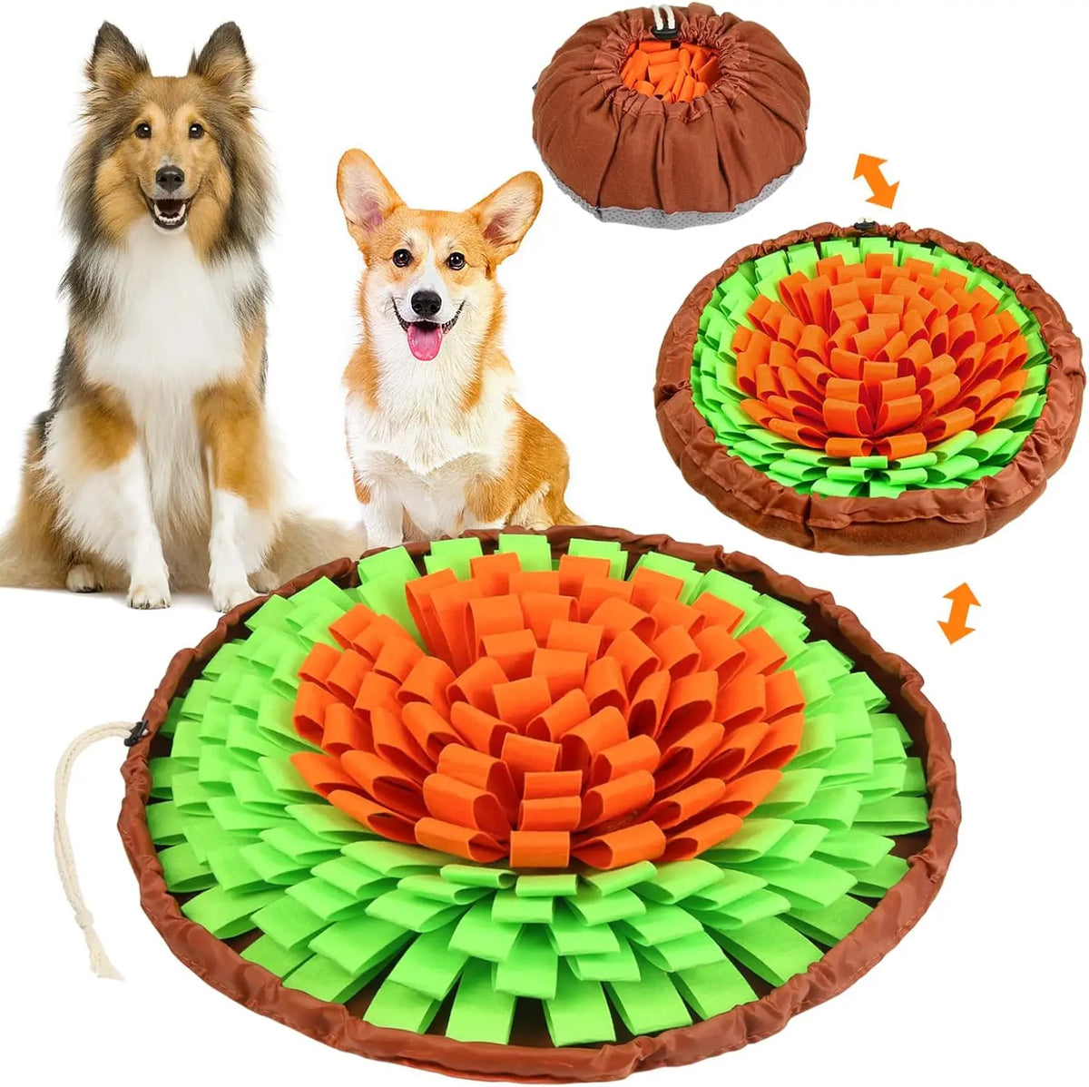 A brown snuffle mat with orange and green fabric pieces is shown alongside two dogs.