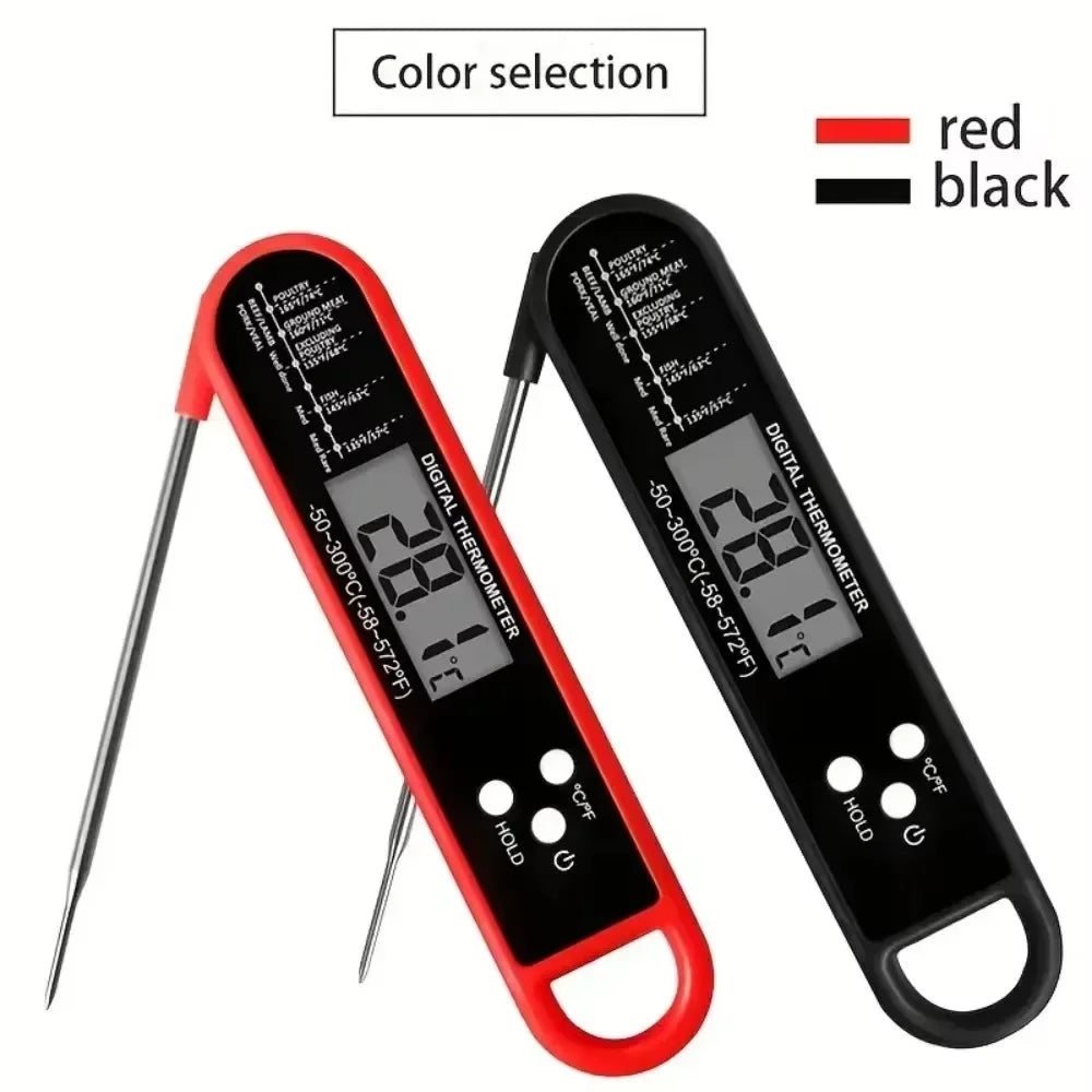 A red and black instant read digital meat thermometer with a backlit display shown next to its color selection options.