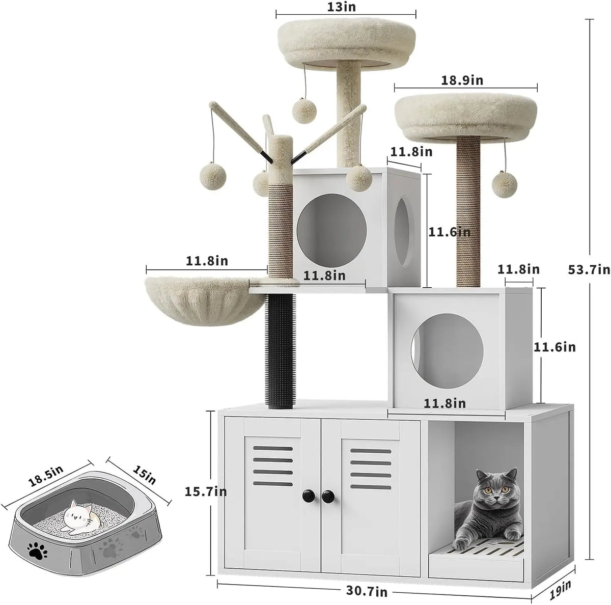 A large cat tree featuring multiple scratching posts and a cabinet with a hidden litter box.
