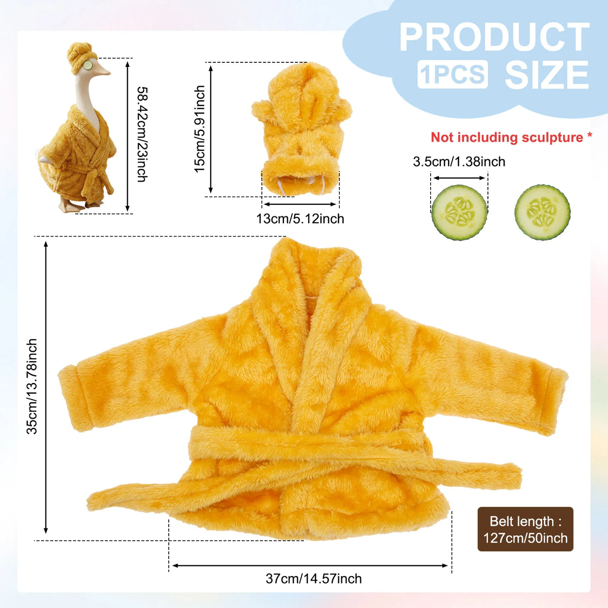 A bright yellow fuzzy outfit resembling a goose is shown, with dimensions and a scale model.
