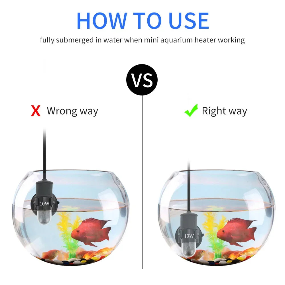 Diagram showing the wrong way versus the right way to fully submerge a mini aquarium heater in water.