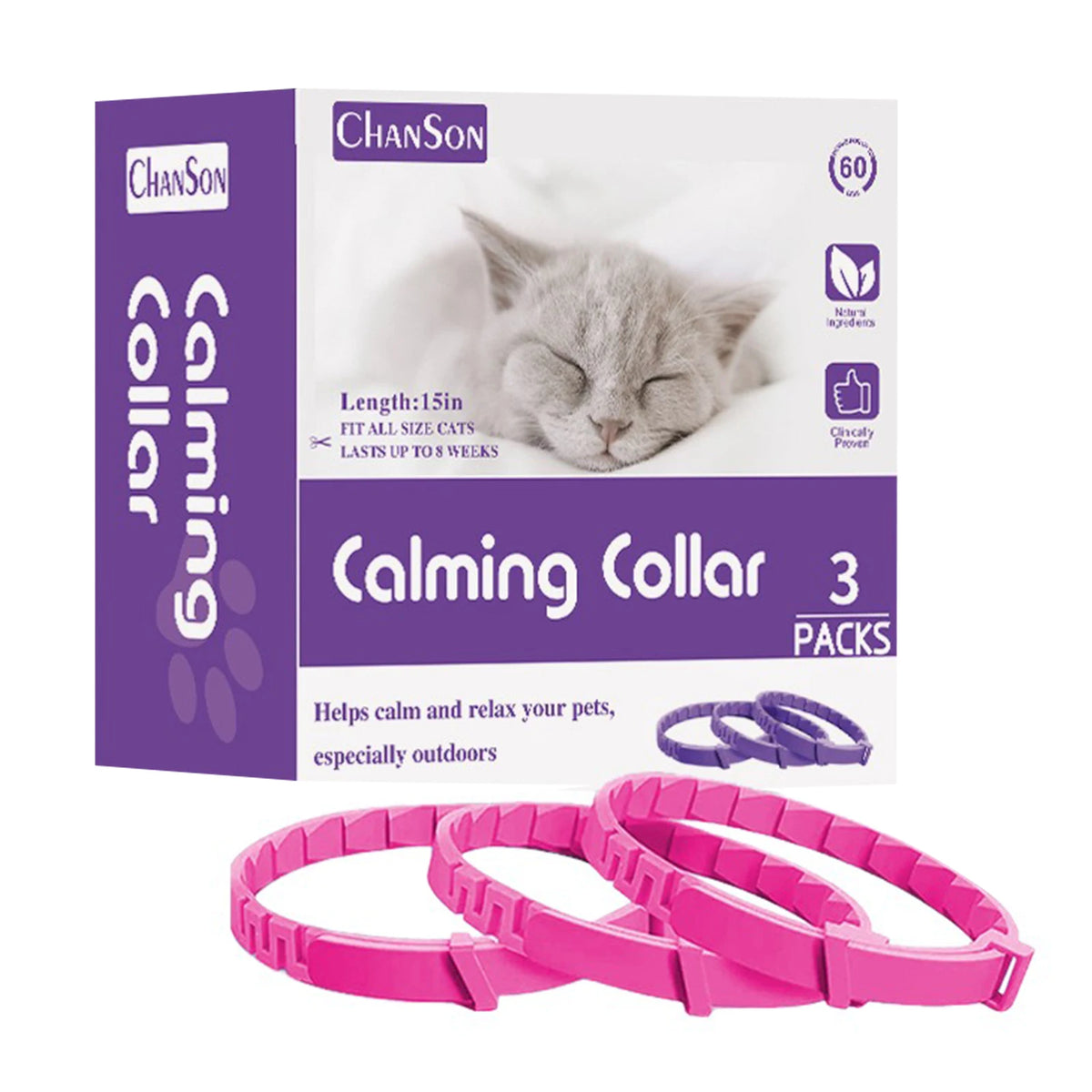 Box of Calming Collar pheromone collars with three packs and pink silicone collars shown next to the packaging.
