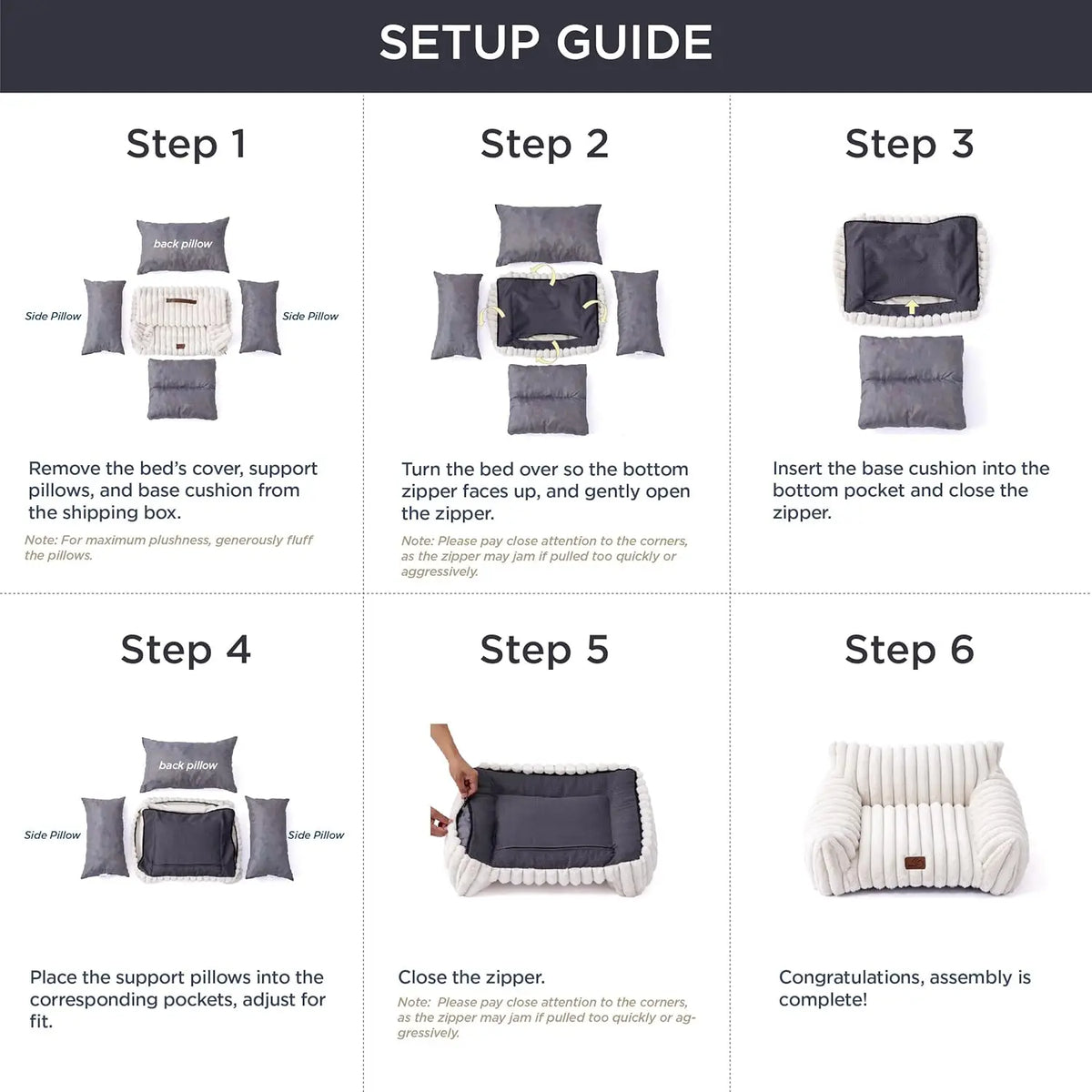 Setup guide showing six steps for assembling a three-sided faux fur pet sofa bed