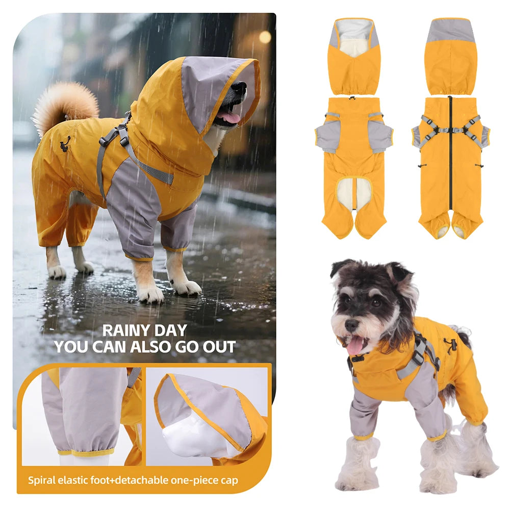 Double-Layer Waterproof Dog Raincoat with Built-in Harness and Detachable Hood