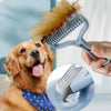 A golden retriever is being groomed with a gray pet brush featuring a yellow feather, with an inset showing the brush bristle