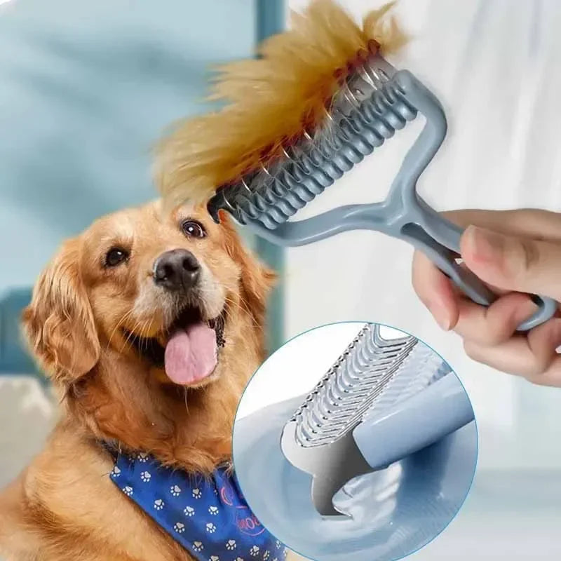 A golden retriever is being groomed with a gray pet brush featuring a yellow feather, with an inset showing the brush bristle