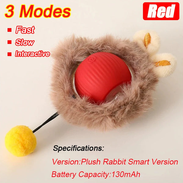 A fluffy, reddish-brown plush rabbit smart version pet ball toy with a yellow accessory and specifications listed below.