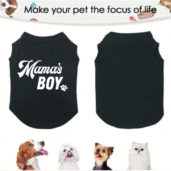 Black pet vests for dogs and cats featuring the text Mama's Boy