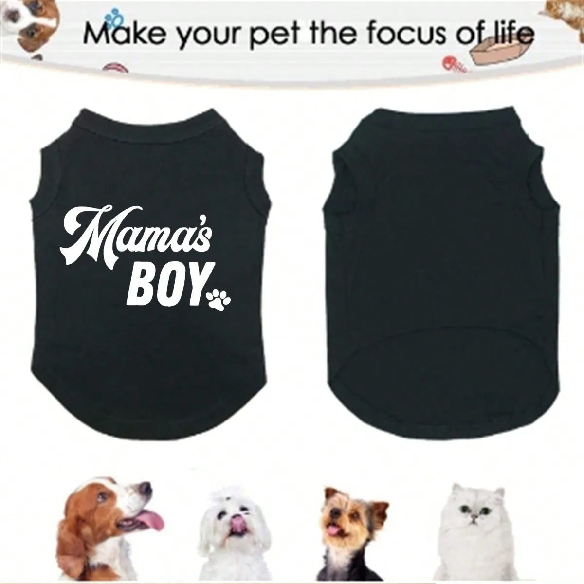 Black pet vests for dogs and cats featuring the text Mama's Boy
