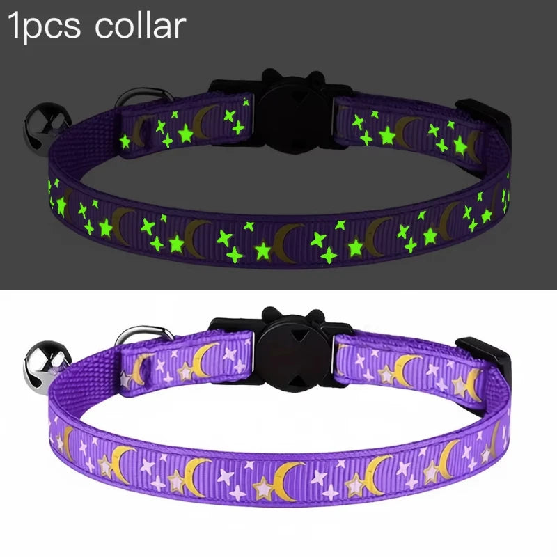 Purple glow-in-the-dark collar for pets featuring a pattern of stars and moons