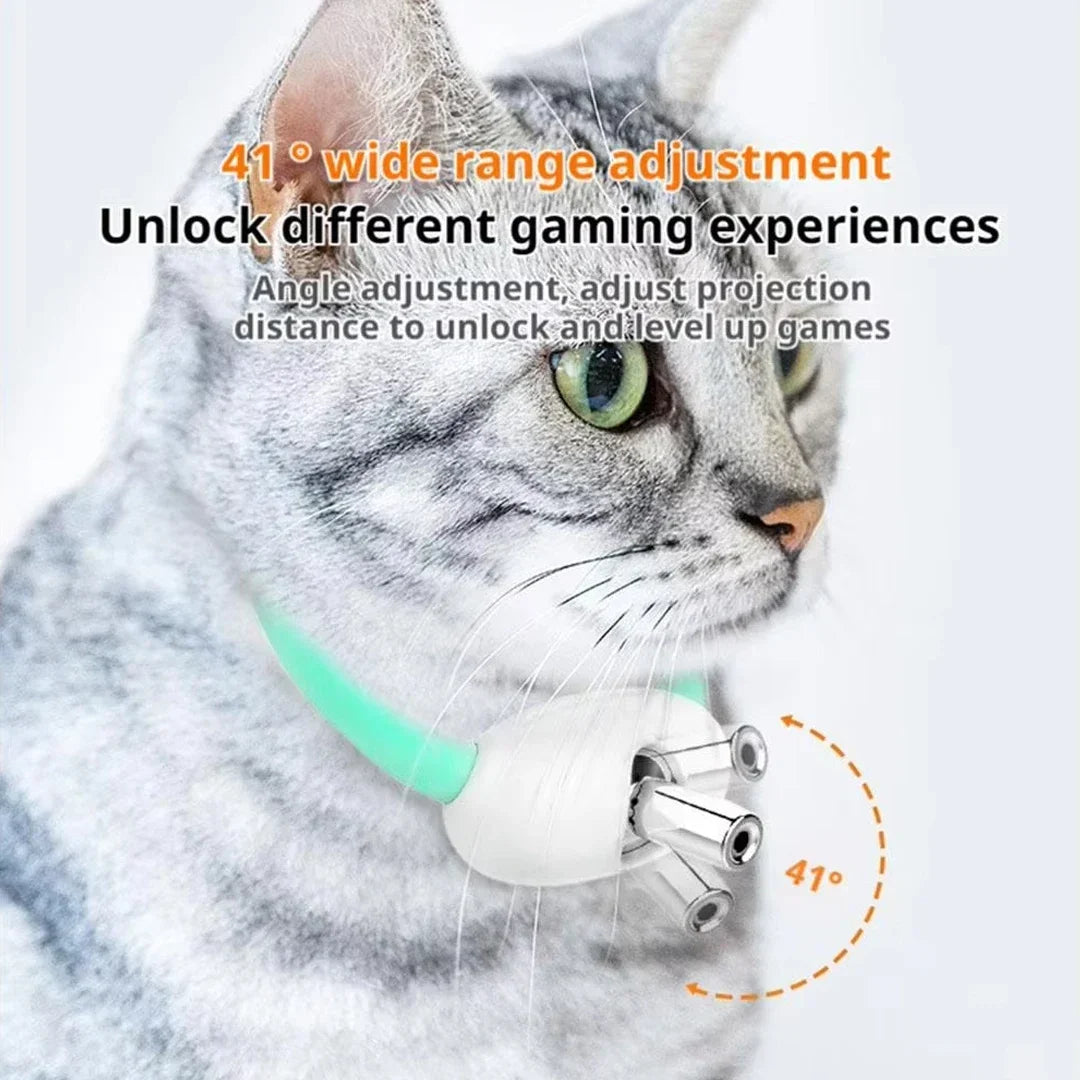 A tabby cat wearing a white collar with a green adjustment mechanism for an interactive laser toy.