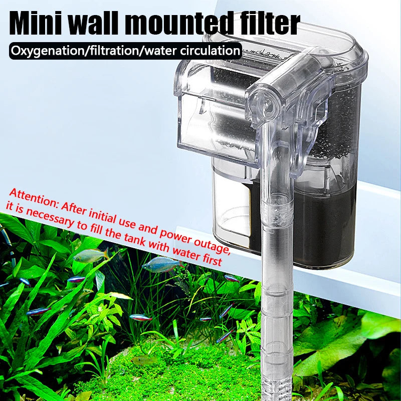 A clear mini wall mounted filter with a tube is shown over a vibrant aquatic plant background.