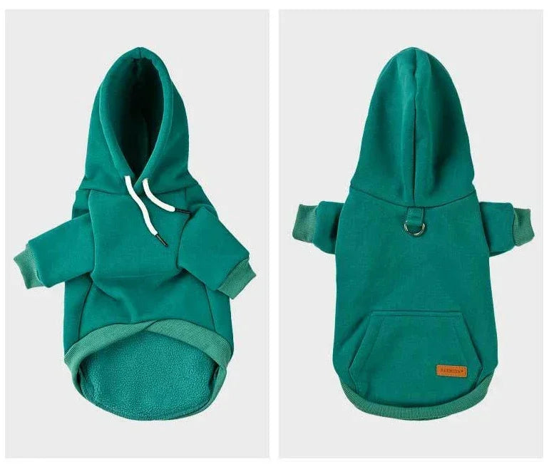 A teal fleece dog hoodie shown from the front and back view.
