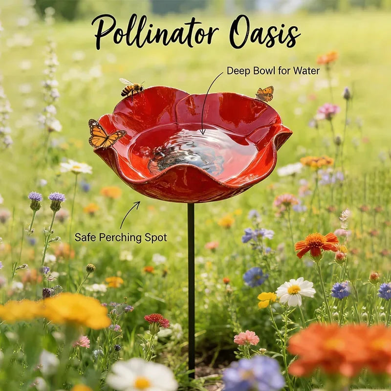 A red flower-shaped bird bath with a deep bowl for water and a safe perching spot, planted in a grassy outdoor garden.