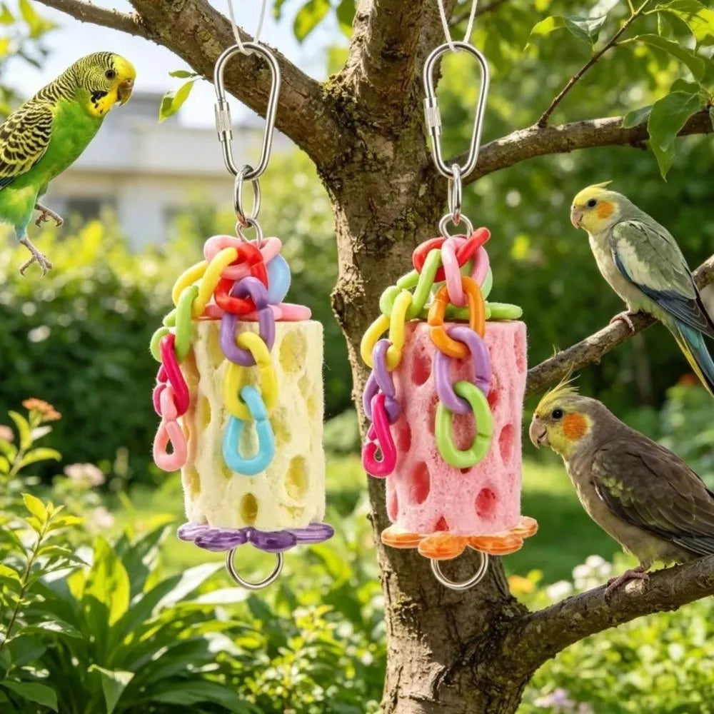 Colorful hanging chewing toys for parrots and small pets suspended from a tree branch