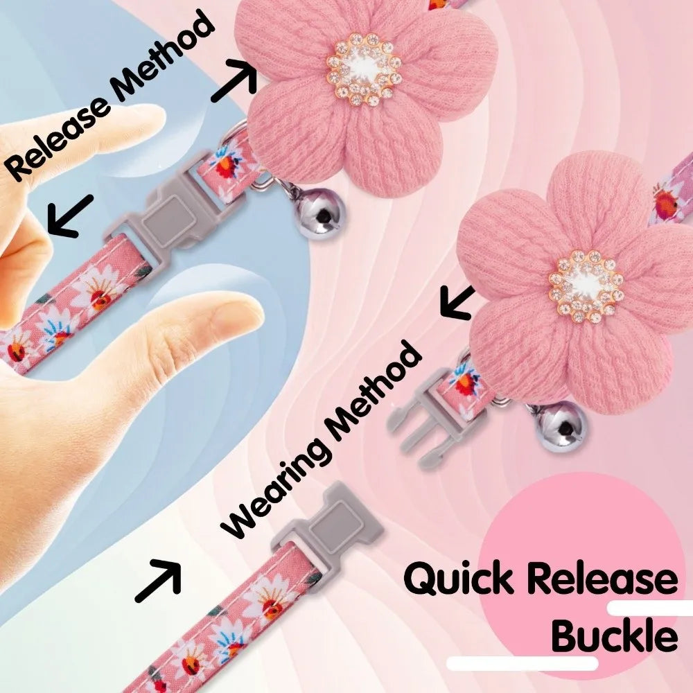A pink floral dog collar with a quick release buckle being shown in various methods of release and wearing.