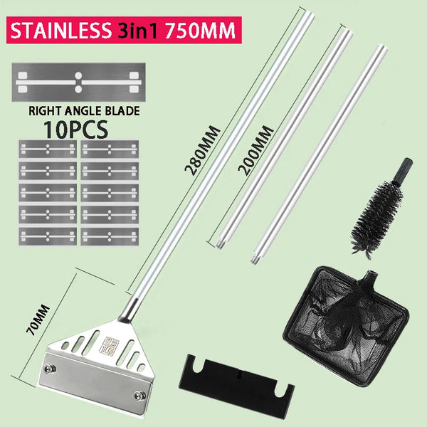 Stainless 3-in-1 scraper set for aquarium algae removal including right angle blades and cleaning tools