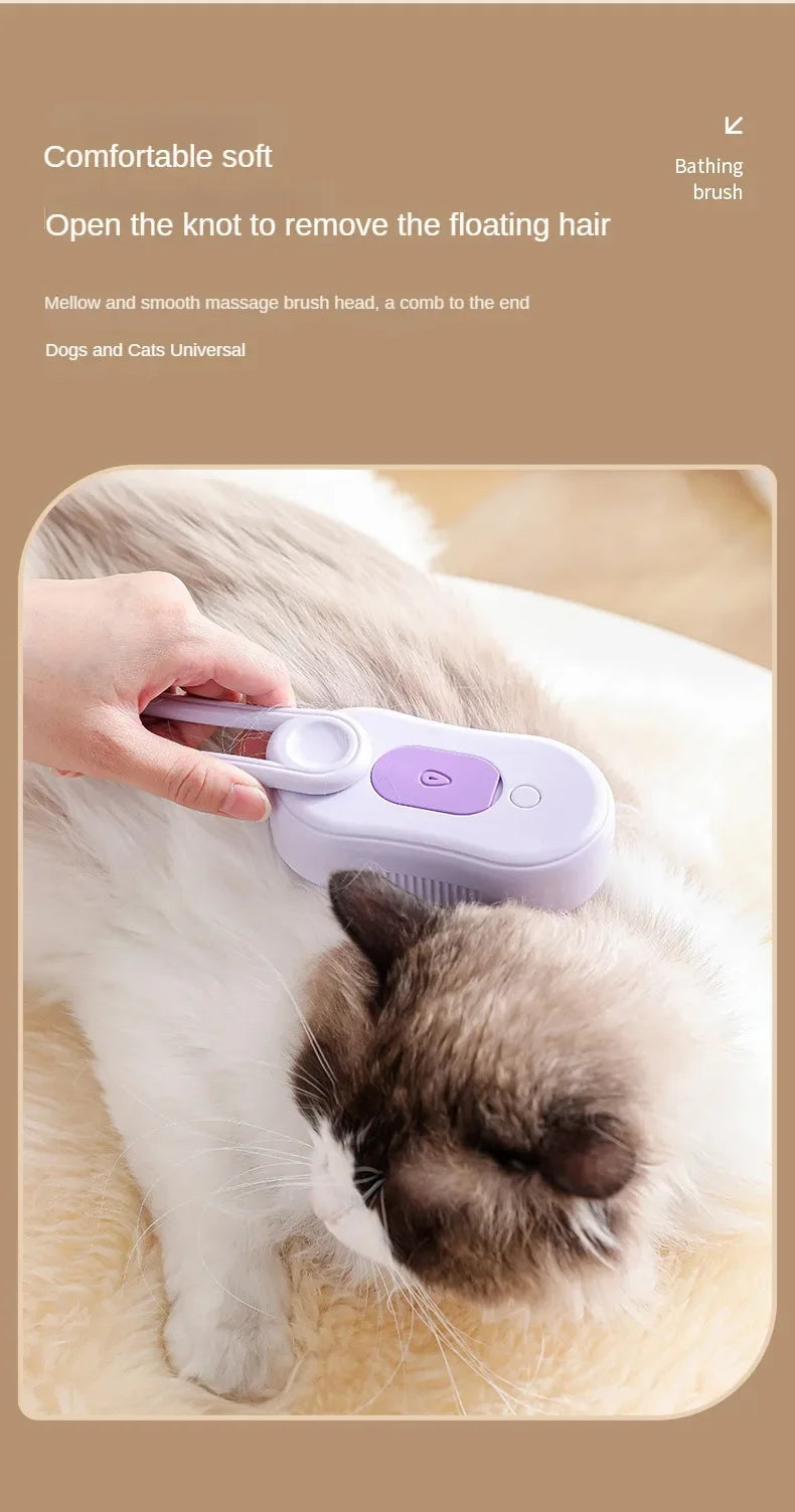 A hand is using a purple grooming brush on the head of a sleeping gray and white cat.