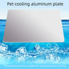 A silver aluminum plate used as a pet cooling pad, shown submerged in blue water with ice fragments below.