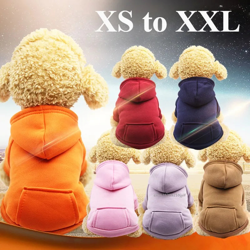 Collection de sweats à capuche pour chiens confortables, des tailles XS à XXL, présentés sur un fond doux et clair.