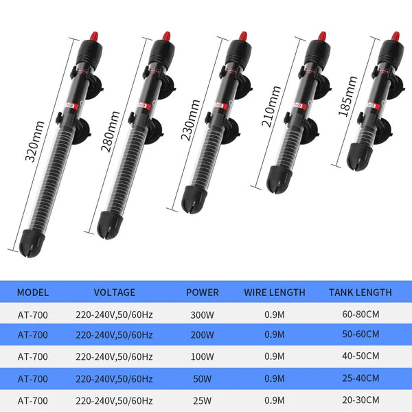 A set of submersible aquarium water heaters shown in various lengths and power options.