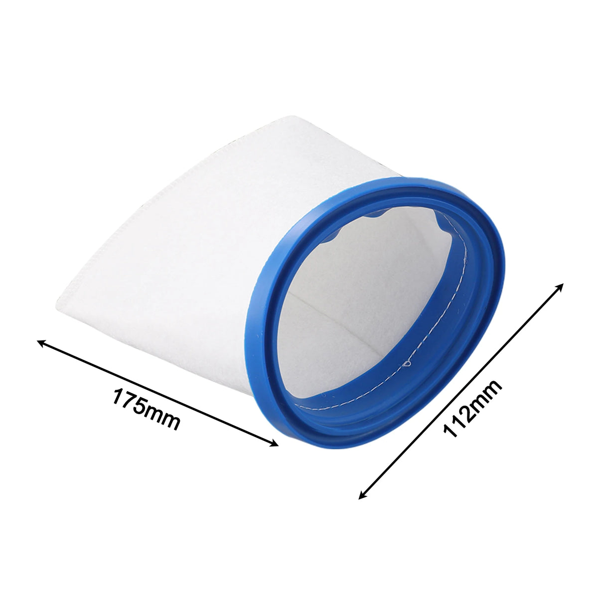 A white pool filter bag with a blue rim, showing its dimensions.